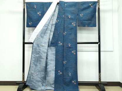平和屋着物▽小紋　単衣　流水草花文　洗える着物　未使用　CABF4456rv