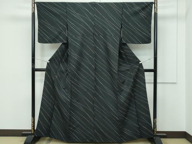 平和屋着物▽小紋　単衣　斜線文　黒地　洗える着物　未使用　CABF4457rv