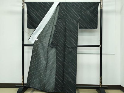 平和屋着物▽小紋　単衣　斜線文　黒地　洗える着物　未使用　CABF4457rv