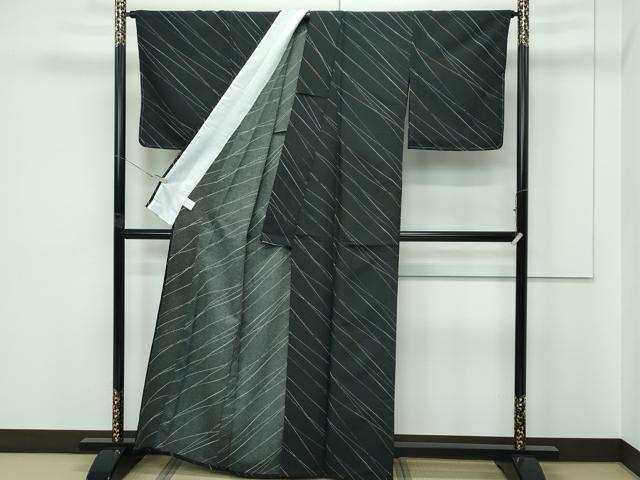 平和屋着物▽小紋　単衣　斜線文　黒地　洗える着物　未使用　CABF4457rv