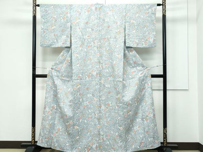 平和屋着物▽上質な小紋　単衣　ふくれ織　枝花文　洗える着物　未使用　CABF4460rv