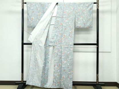 平和屋着物▽上質な小紋　単衣　ふくれ織　枝花文　洗える着物　未使用　CABF4460rv