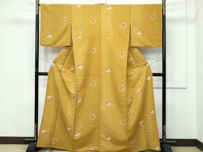 平和屋着物▽小紋　単衣　市松雪輪桜文　洗える着物　CABF4463rv