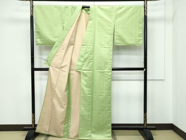 平和屋着物▽色無地　単衣　苗色　紗綾形地紋　両面染　洗える着物　CABF4464rv
