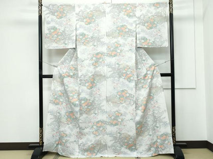 平和屋着物▽小紋　単衣　花鳥風景文　洗える着物　CABF4476rv