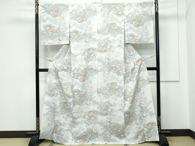 平和屋着物▽小紋　単衣　花鳥風景文　洗える着物　CABF4476rv