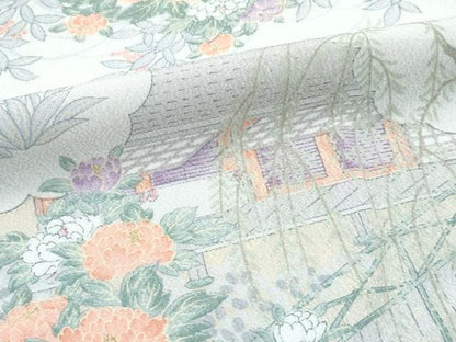 平和屋着物▽小紋　単衣　花鳥風景文　洗える着物　CABF4476rv