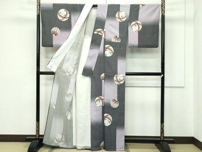 平和屋着物▽小紋　単衣　麻の葉花毬文　洗える着物　CABF4479rv