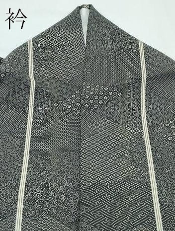 平和屋着物▽江戸小紋　単衣　寄せ小紋柄　間道　黒地　正絹　逸品　CABF4481rv
