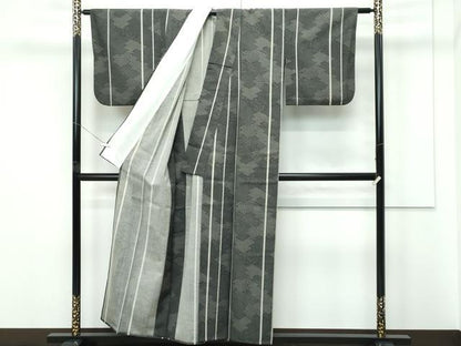 平和屋着物▽江戸小紋　単衣　寄せ小紋柄　間道　黒地　正絹　逸品　CABF4481rv