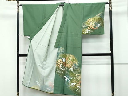 平和屋着物▽男性　訪問着　単衣　浜松文　金彩　洗える着物　CABF4482rv