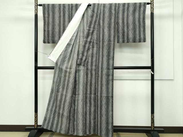 平和屋着物▽小紋　単衣　菱文様　黒地　洗える着物　CABF4486rv