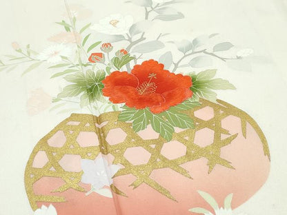 平和屋着物▽訪問着　単衣　刺繍　花籠文　金彩　正絹　逸品　CABF4526rv