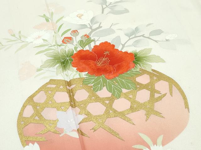 平和屋着物▽訪問着　単衣　刺繍　花籠文　金彩　正絹　逸品　CABF4526rv