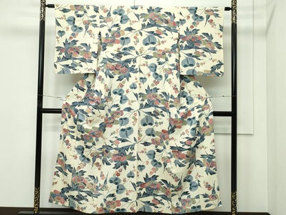 平和屋着物▽上質な小紋　単衣　型染め　草花文　正絹　逸品　CABF4528rv