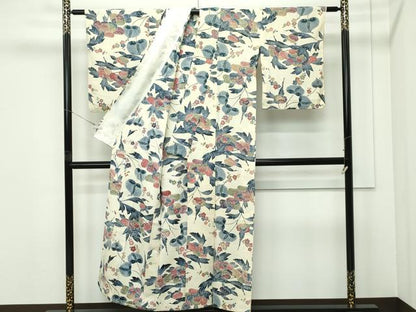 平和屋着物▽上質な小紋　単衣　型染め　草花文　正絹　逸品　CABF4528rv