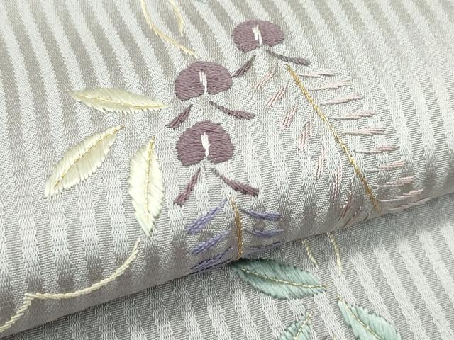 平和屋着物▽訪問着　単衣　総刺繍　藤花房　縞　金糸　正絹　逸品　CABF4529rv