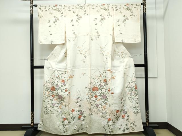 平和屋着物▽訪問着　単衣　草花文　暈し染め　金彩　正絹　逸品　CABF4534rv
