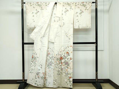 平和屋着物▽訪問着　単衣　草花文　暈し染め　金彩　正絹　逸品　CABF4534rv
