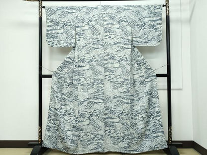平和屋着物▽上質な小紋　単衣　型染め　松楓風景文　正絹　逸品　CABF4535rv
