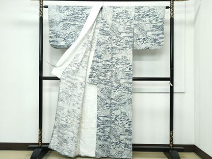 平和屋着物▽上質な小紋　単衣　型染め　松楓風景文　正絹　逸品　CABF4535rv