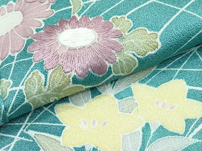 平和屋着物▽訪問着　単衣　刺繍　草花文　暈し染め　正絹　逸品　CABF4539rv