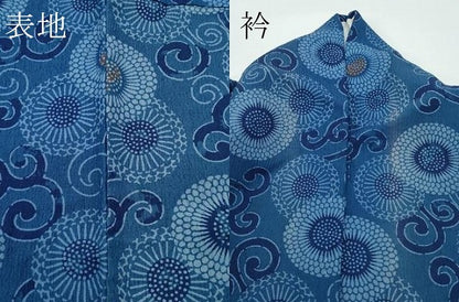 平和屋着物▽上質な小紋　単衣　藍　型染め　菊唐草文　正絹　逸品　CABF4543rv