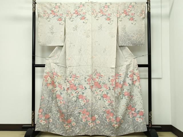 平和屋着物▽訪問着　単衣　草花文　暈し染め　金彩　正絹　逸品　CABF4554rv