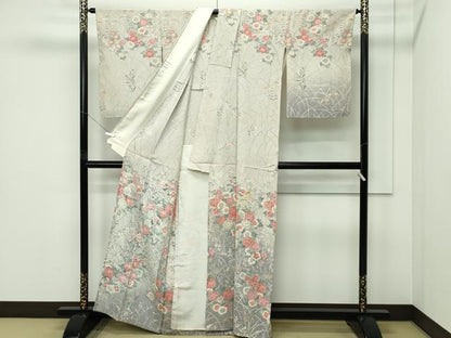 平和屋着物▽訪問着　単衣　草花文　暈し染め　金彩　正絹　逸品　CABF4554rv