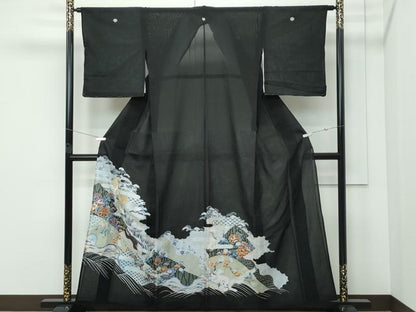 平和屋着物＊夏物 黒留袖 絽 刺繍 立波飛鶴草花文 金銀糸 洗える着物 未使用 CABF4569rv