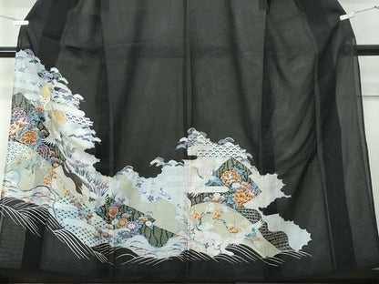 平和屋着物＊夏物 黒留袖 絽 刺繍 立波飛鶴草花文 金銀糸 洗える着物 未使用 CABF4569rv