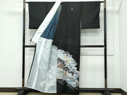 平和屋着物＊夏物 黒留袖 絽 刺繍 立波飛鶴草花文 金銀糸 洗える着物 未使用 CABF4569rv