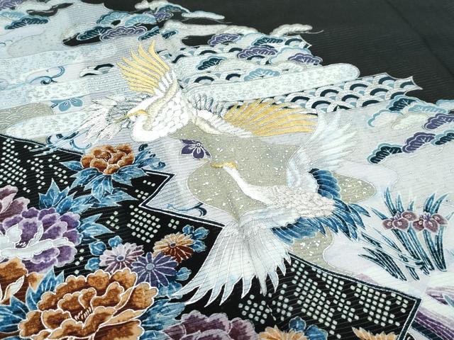 平和屋着物＊夏物 黒留袖 絽 刺繍 立波飛鶴草花文 金銀糸 洗える着物 未使用 CABF4569rv