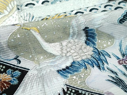 平和屋着物＊夏物 黒留袖 絽 刺繍 立波飛鶴草花文 金銀糸 洗える着物 未使用 CABF4569rv