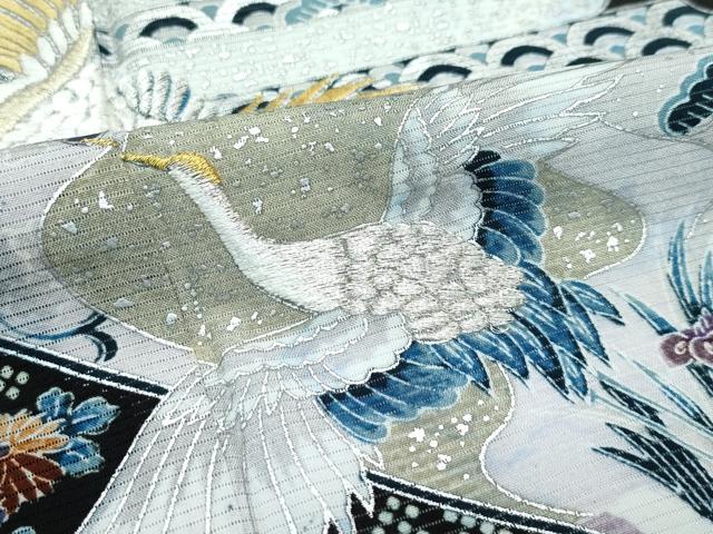 平和屋着物＊夏物 黒留袖 絽 刺繍 立波飛鶴草花文 金銀糸 洗える着物 未使用 CABF4569rv