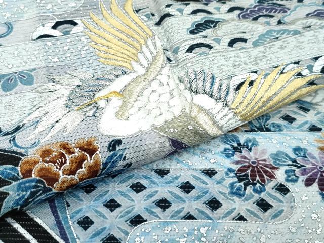 平和屋着物＊夏物 黒留袖 絽 刺繍 立波飛鶴草花文 金銀糸 洗える着物 未使用 CABF4569rv