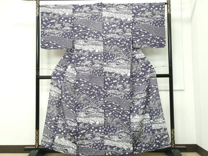 平和屋着物＊夏物 小紋 絽 遠山草花風景文 洗える着物 CABF4575rv