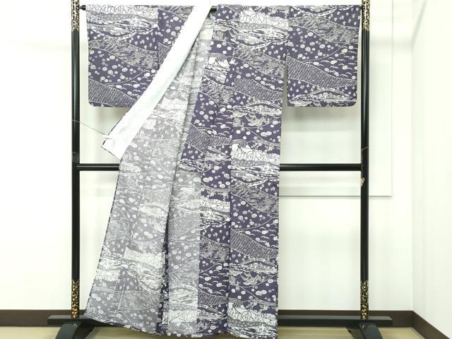 平和屋着物＊夏物 小紋 絽 遠山草花風景文 洗える着物 CABF4575rv
