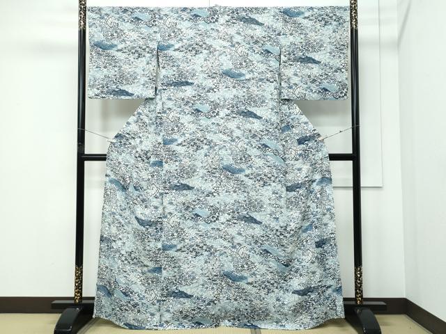 平和屋着物＊夏物 小紋 絽縮緬 型染め 流水草花文 洗える着物 CABF4589rv