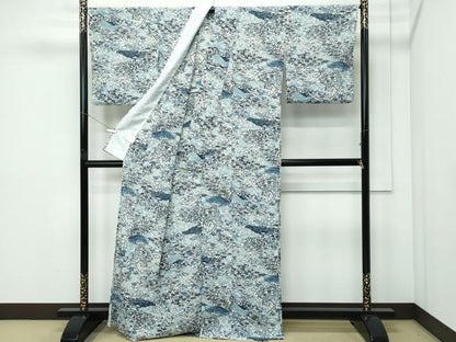 平和屋着物＊夏物 小紋 絽縮緬 型染め 流水草花文 洗える着物 CABF4589rv