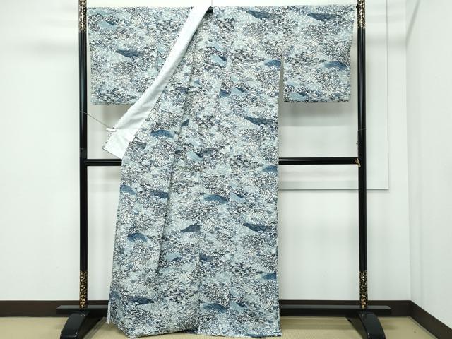 平和屋着物＊夏物 小紋 絽縮緬 型染め 流水草花文 洗える着物 CABF4589rv