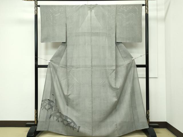平和屋着物＊夏物　小宮康孝　訪問着　江戸小紋　絽　万筋　黒×絹鼠色　籬蛍文　金糸　両面染　三越扱い　正絹　逸品　CABF4602rv