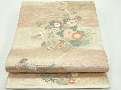 平和屋着物＊夏物　六通柄袋帯　流水花模様　金糸　正絹　逸品　CABF4611rv