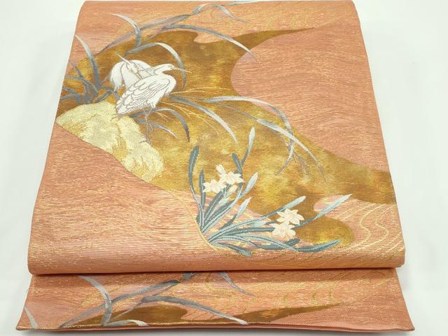 平和屋着物＊夏物 六通柄袋帯 白鷺 金糸 正絹 逸品 CABF4624rv