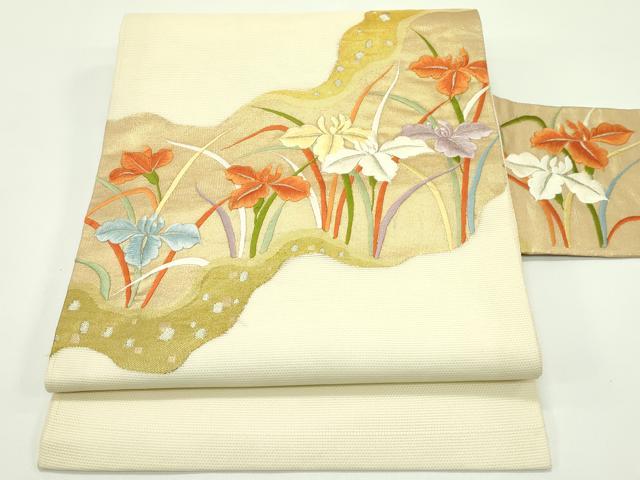 平和屋着物＊夏物 九寸名古屋帯 刺繍 杜若 金銀糸 正絹 逸品 CABF4640rv