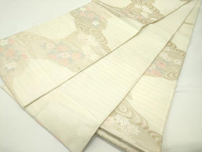 平和屋着物＊夏物　六通柄袋帯　流水地紙草花文　金糸　正絹　逸品　CABF4661rv