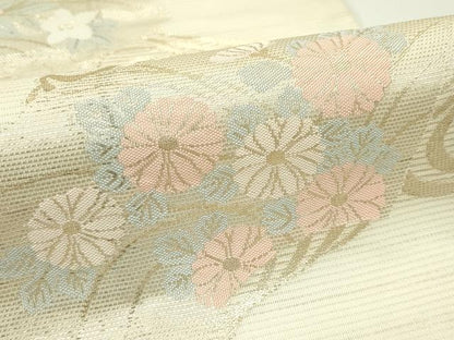 平和屋着物＊夏物　六通柄袋帯　流水地紙草花文　金糸　正絹　逸品　CABF4661rv