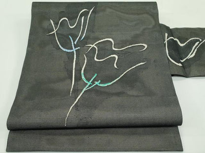 平和屋着物＊夏物 九寸名古屋帯 刺繍 草花文 黒地 銀糸 正絹 逸品 未使用 CABF4670rv