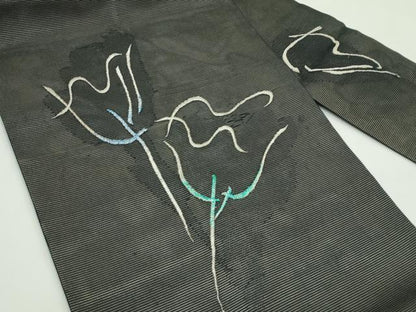 平和屋着物＊夏物 九寸名古屋帯 刺繍 草花文 黒地 銀糸 正絹 逸品 未使用 CABF4670rv