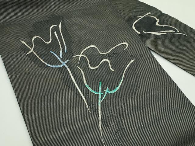 平和屋着物＊夏物 九寸名古屋帯 刺繍 草花文 黒地 銀糸 正絹 逸品 未使用 CABF4670rv